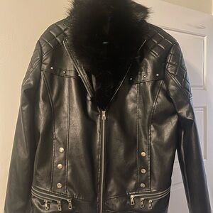 Black Faux Leather Jacket with Fur Collar